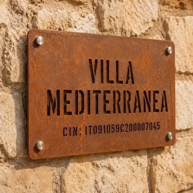 Targa CIN in acciaio CorTen con nome della struttura e codice